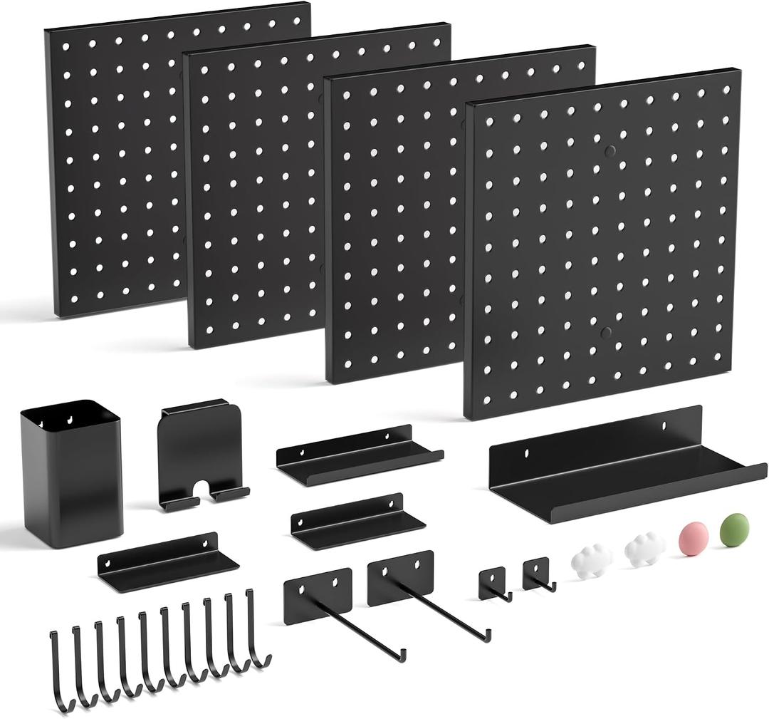 Magnetic Metal Pegboard Wall Organizer Kit, 4 Pack 10 x 10 in Panels Black