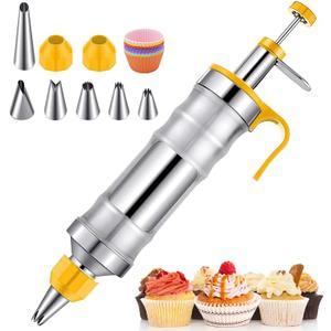 Hendiy Dessert Decorating Syringe Set, Stainless Steels Cake Decorating Tools Icing Piping Kit Icing Gun Cupcake Frosting Piping Kit, Cake Piping Kit with 6 Icing Nozzles and 9 Cupcake Liners