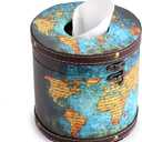 Sumnacon Round Tissue Box Cover Retro Wooden Tissue Holder with Lid, Round Wood Toilet Paper Cover Decorative Tissue Box Holder for Bathroom Toilet Living Room Table Desk Office, Green Map