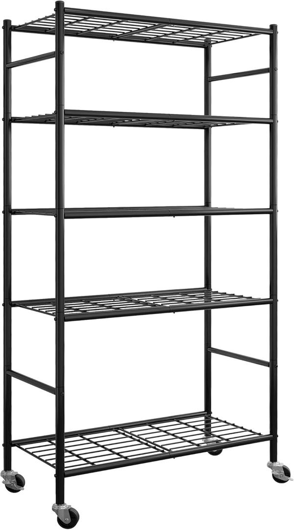 Storage Shelves Organizer - 5 Tier Metal Shelf Organizer with Metal Wheels and Adjustable Leveling Feet, Heavy Duty Garage Shelving for Kitchen, Pantry and Closet, 33.1"x12.6"x73.5", Black