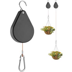 Upgraded Retractable Plant Hanger, Plant Pulleys for Hanging Plants, Easy to Raise and Lower, Auto Lock, Heavy Duty, Adjustable Hook for Flower Pots, Birds Feeder (1 Pack, Black)