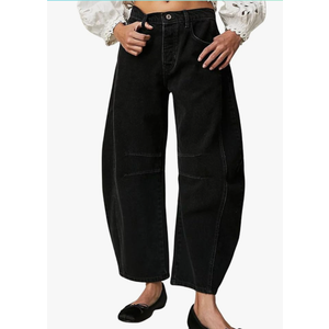 Womens Stretchy Mid Rise Barrel Jeans Vintage Loose Wide Leg Cropped Denim Pants Y2k Baggy Boyfriend Jeans, Small