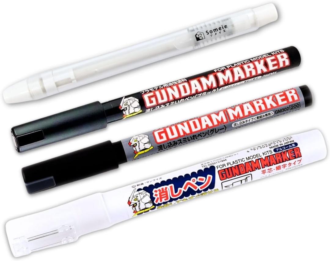 GSI Creos Gundam Marker Pour Type GM301 Black & GM302 Gray & Eraser Pen GM300 & Knock-Type EraserFlow-in Type Panel Lining Pens
