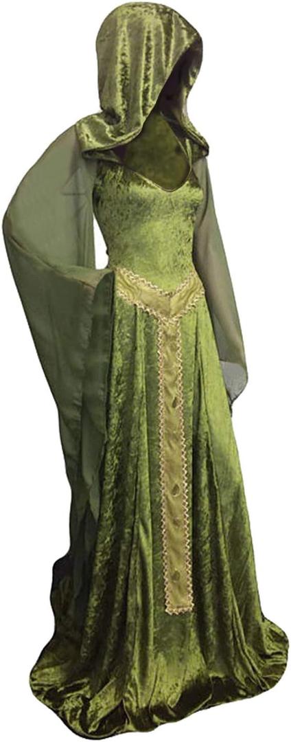 Sinastar Womens Medieval Dress Costume Hooded Lace Up Renaissance Velvet Trumpet Sleeve Gothic Green Gown (Small)