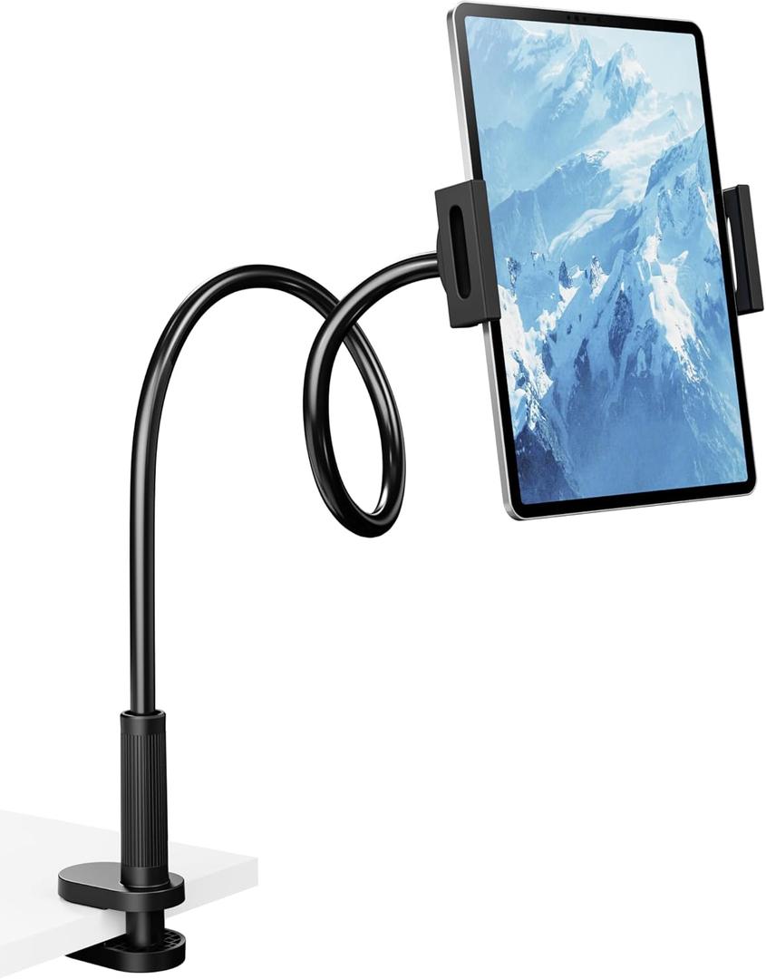Flexible Gooseneck Tablet Holder, 360 Adjustable Phone Mount with Sturdy Clamp for Desk/Bed/Kitchen, Compatible with iPad Air Pro Mini iPhone/Samsung Galaxy Tabs/4.7~12.9"