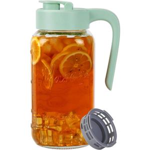 Mason Jar Pitcher with Tea Filter, Airtight & Leakproof Glass Pitcher with Lid, 64 oz Sun Tea Glass Jar for Outside, Perfect for Sun Tea, Lemonade, and iced Tea (Green)