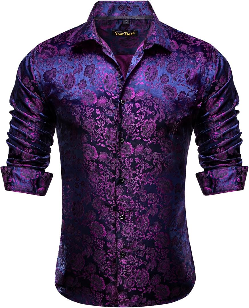 Mens Silk Paisley Dress Shirt Casual Button Down Shirt Long Sleeve Western Floral Shirts Wedding Party Holiday (Purple, XXL)