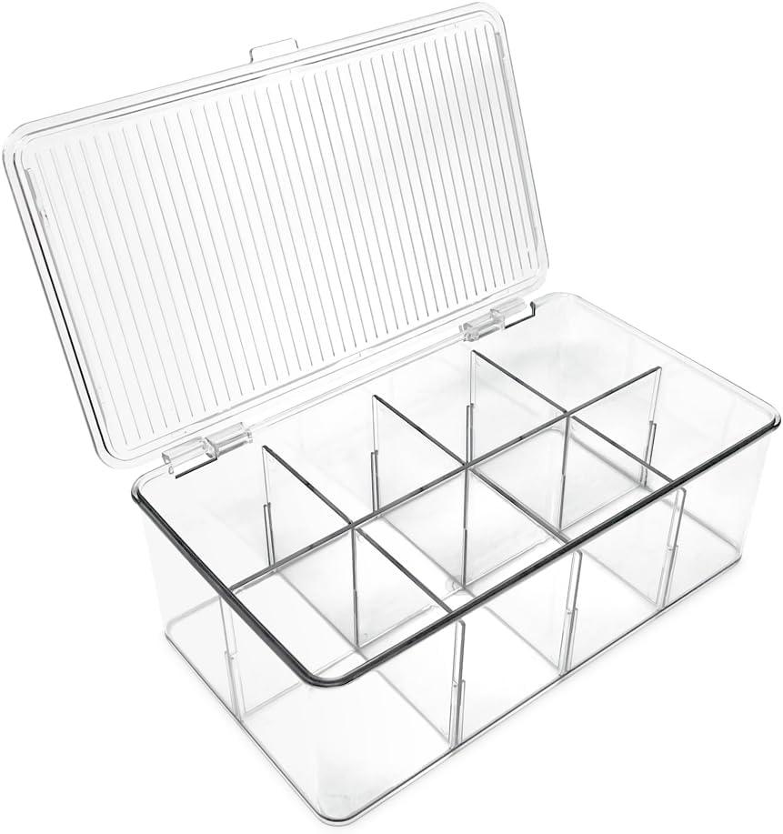 Isaac Jacobs Divided Clear Plastic Organizer (10.88" x 6.63" x 3.75") w/Hinged Lid & Removable Dividers, Stackable Box for Tea Bags, Office Supplies, Cosmetics, BPA-Free, Food Safe Pantry Container