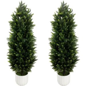 Artificial Cedar Topiary Tree with Potted 4FT, Set of 2 Outdoor Faux Plants UV Resistant Fake Bushes Shrubs for Garden, Yard, Porch, Patio Decor