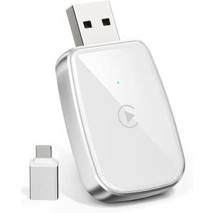 Wireless CarPlay Adapter for Apple iPhone, Convert Wired CarPlay to Wireless, Mini Size with USB-A to USB-C Adapter, Stable Control & No Delay Latency, White