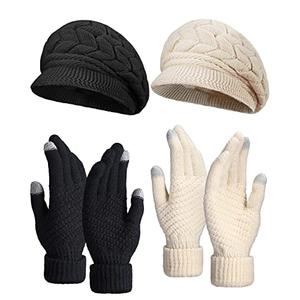SATINIOR 4 Pieces Women Winter Hats and Gloves Set Touchscreen Gloves Warm Knitted Beanie and Mittens for Women Men (Black, Beige), One Size