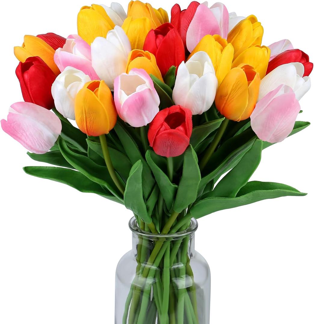 SITUMEIZI Fake Flowers Tulips Artificial Flower 15pcs Real Touch PU 14" for Spring Easter Home Kitchen Wedding Bouquet Bulk Mother's Gift Day Decorations(Assorted Colors,5) (White,yellow,sunset Red,red,light-pink)