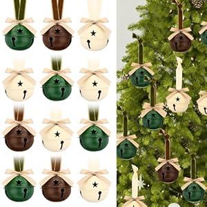 Jenaai 12 Sets 2 Inch Christmas Jingle Bells with Ribbon Green Brown Beige Large Metal Cutout Craft Bells Hanging Ornaments for Christmas Tree Xmas Decoration Crafts Party Favors Stocking Stuffer