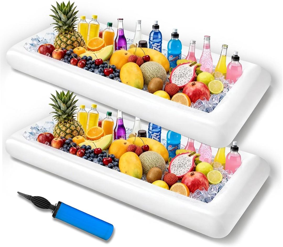 Inflatable Ice Serving Bar with Drain Plug, Buffet Cooler Serving Tray for Salad Food & Drinks, Inflatable Serving Bar for Party BBQ Picnic Pool Camping Indoor Outdoor (2, White)