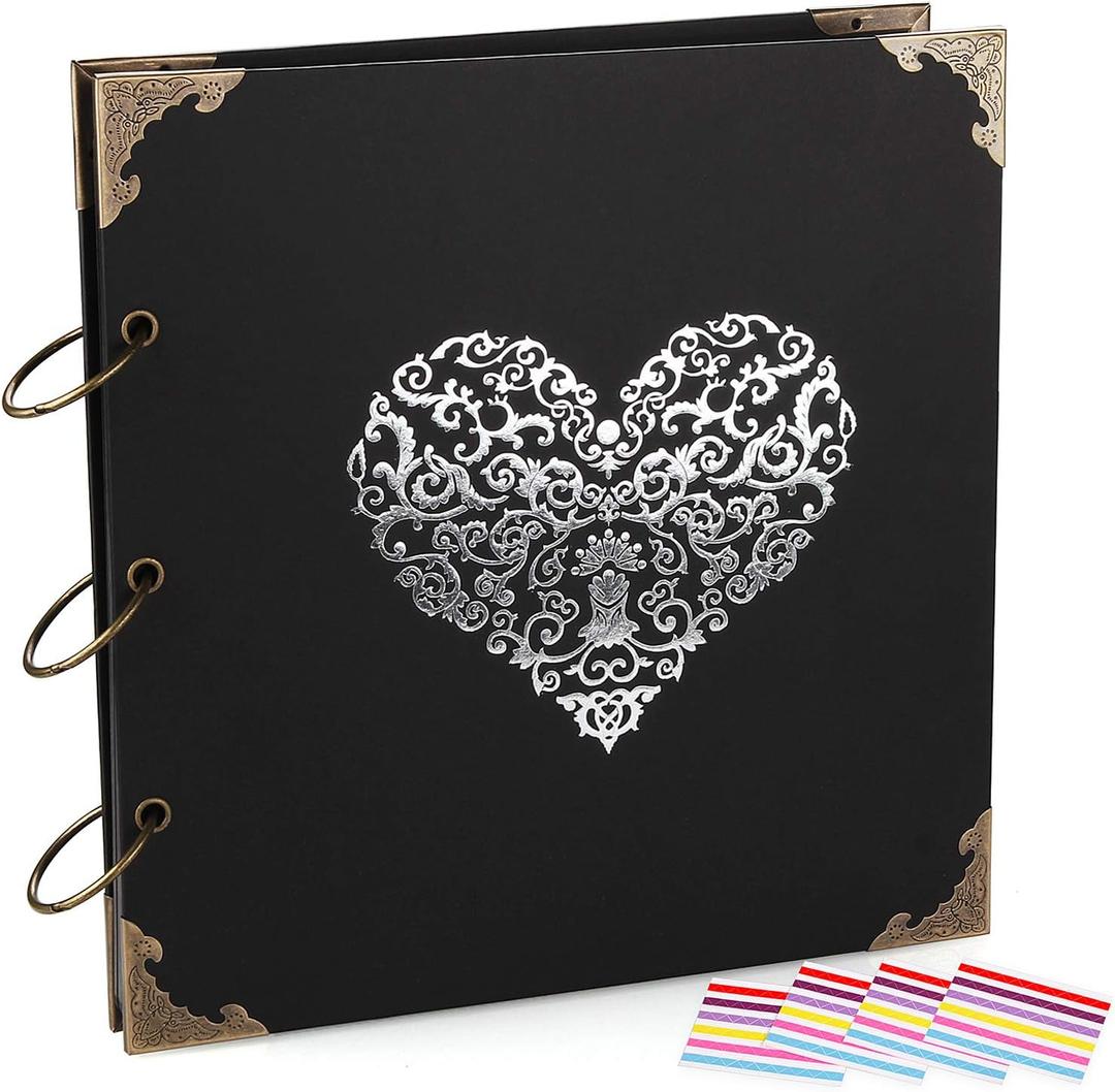 Photo Album DIY Scrapbook, 10x10 inch 50 Pages Double Sided, Vintage Hardcover Three-Ring Binder Picture Booth Albums with 6 Colors 408pcs Self Adhesive Photos Corners for Memory Keep (Black), 10.24 x 10.63 inches