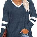 Haloumoning Women's Plus Size Tops Striped Long Sleeve V Neck T Shirts Color Block Casual Tunics Tee Shirt A-Navy Blue, Size XXL