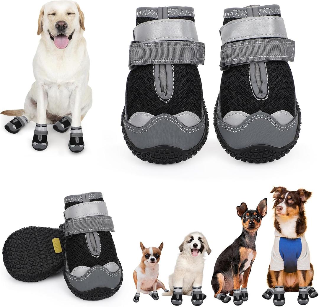 Dog Shoes for Hot Pavement,Dog Boots & Paw Protectors for Large Medium Size Dogs to Prevent Licking,Dog Booties with Reflective for Outdoor,Hiking,Hardwood Floors,Winter Snow(Black Grey,Size3) (Size 3: width 2.0'')