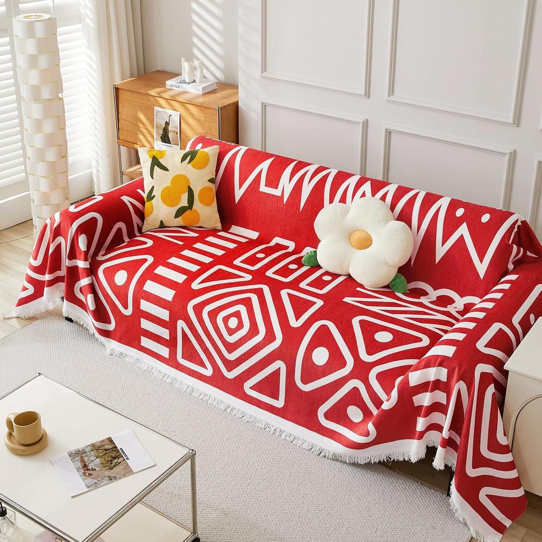 FUANGUI Sofa Covers Boho Couch Cover for 3 Cushion Couch Non Slip Sofa Slipcovers Furniture Protector Dog Couch Cover with Tassel Oversized Pets Washable Multi-Use,71" X134", Red