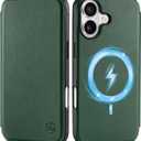 SHIELDON Genuine Leather Slim Wallet Case for iPhone 17 6.3" 5G 2025 | Wireless Charging, RFID Blocking Credit Card Holder, Flip Design, Magnetic Closure, Protective Phone Shell - Evergreen