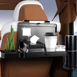 Car Seat Tray, Car Back Seat Organizer, Car Food Tray Table for Eating, Backseat Cup Holder, Headrest Food Tray for Car, Multifunctional Adjustable Travel Tray with Tissue Box Black