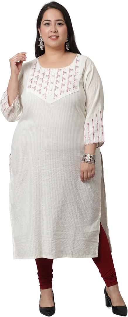 Rajnandini Women's Pure Cambric Cotton Embroidered Kurti (JOPLJPR111X-P) (3X-Large, Beige)