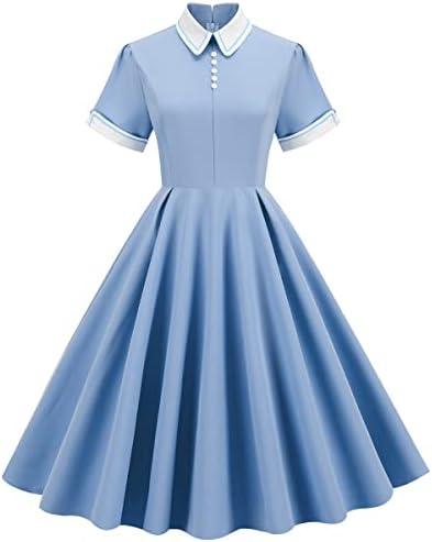 Women Short Sleeve 1950s Retro Vintage Cocktail Party Swing Dress Polka Dot Audrey Dress Casual A-Line Work Dress with Belt, Size M