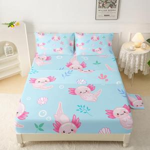 QOOMO Kawaii Marine Life Silky Soft Microfiber Bed Sheets Cute Axolotl Super Soft Kids Bedding Set Blue Ocean Breathable Room Decoration Full Size 1 Fitted Sheet, 1 Flat Sheet, 2 Pillow Cases