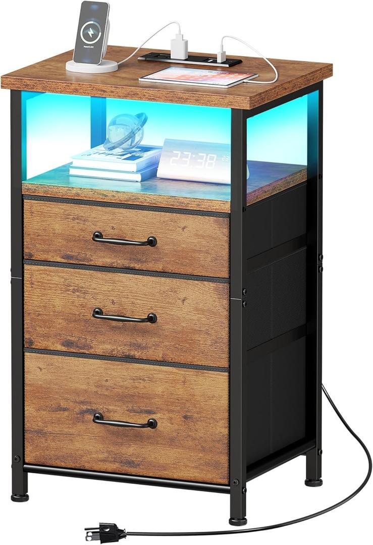 Nightstand with Charging Station, LED Night Stand with Drawers (Fabric), Bedside Table with Open Shelf, End Table with Steel Frame, 3 Drawer Dresser for Bedroom, Small Space, Rustic Brown
