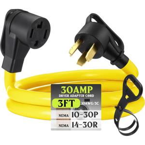 Kanayu 3 ft Dryer Adapter 4 Prong to 3 Prong, Dryer Convert Cord Compatible with Nema 10-30p Plug to 14-30r Receptacle, 3male Plug 4 Female Outlet Receptacle, 10 Awg STW, Etl Listed(Yellow)