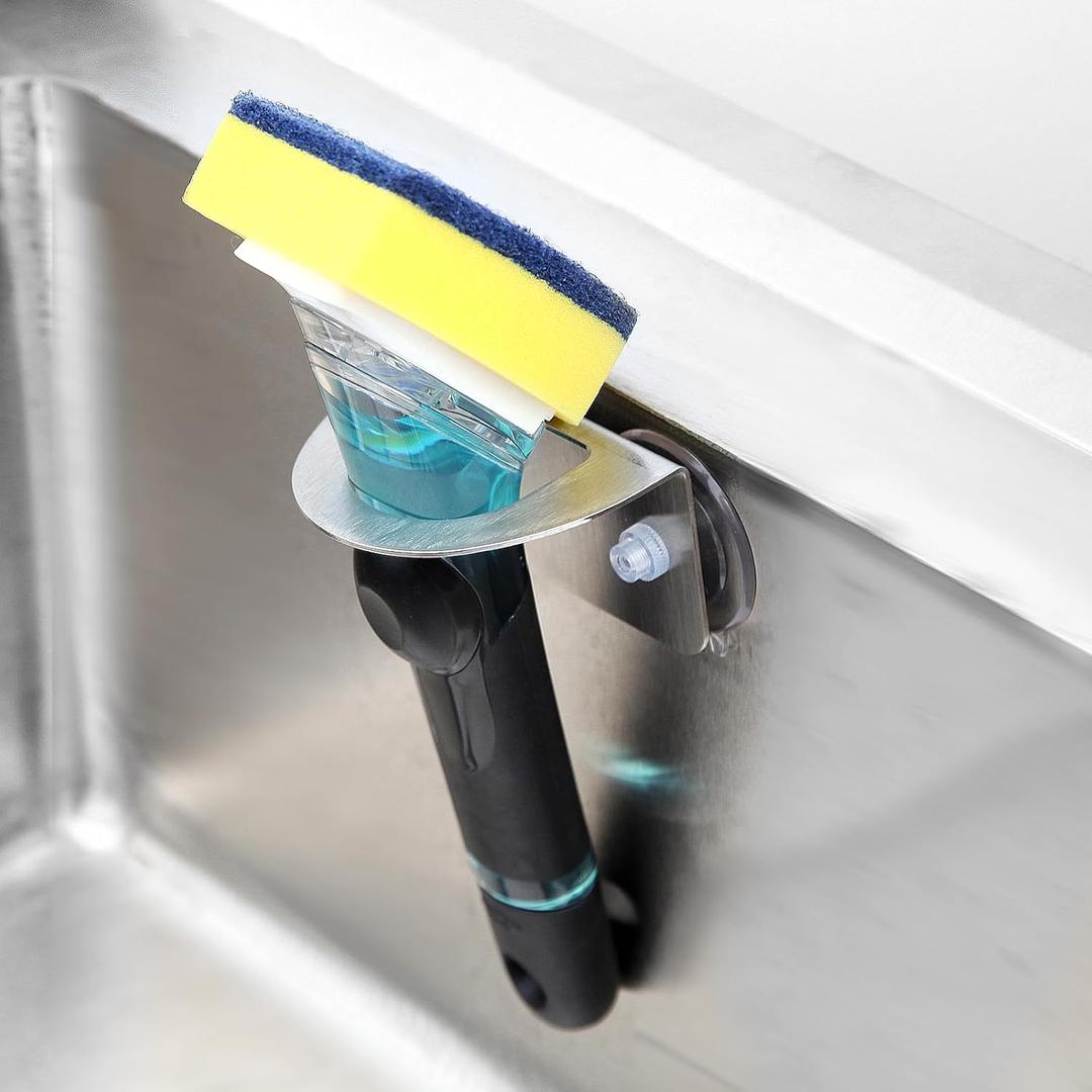 Stainless Steel Kitchen Sink Dish Brush Holder with Suction Cups,Scrub Brush Holder, Compatible with Various Dishwashing Brushes,Dish Wand Holder,Dishwand Sink Caddy,No Drill Rustproof Waterproof