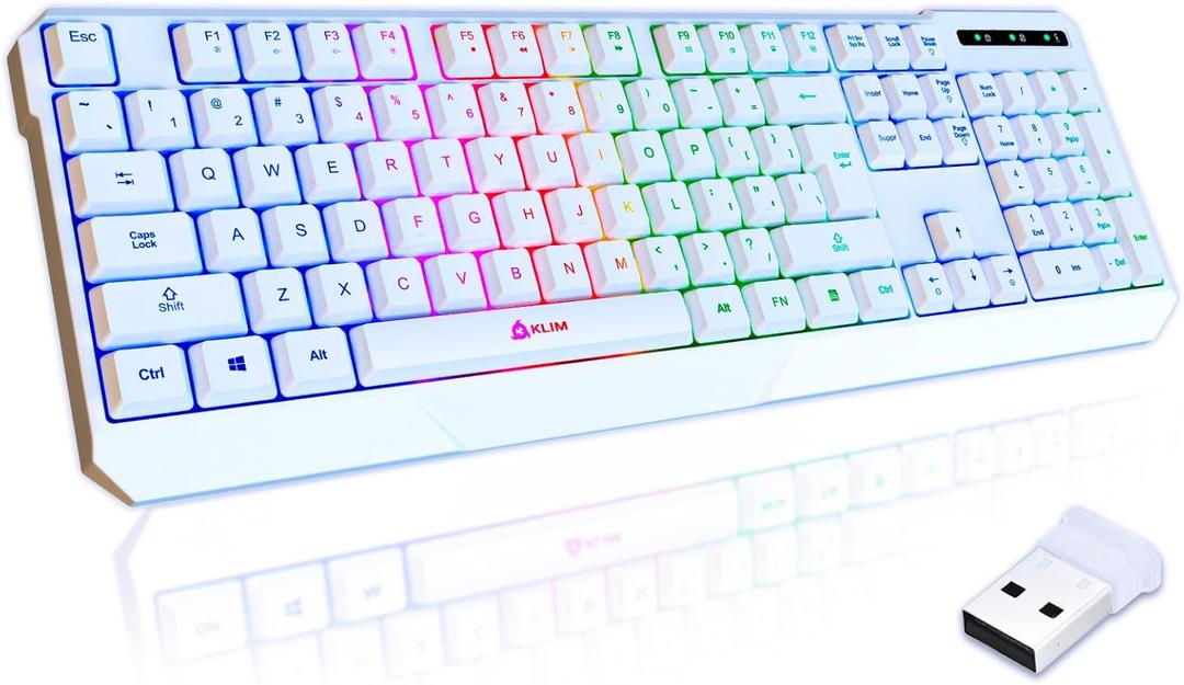 KLIM Chroma Wireless Gaming Keyboard RGB - New - Long-Lasting Rechargeable Battery - Quick & Quiet Typing - Water Resistant Backlit Wireless Keyboard - Teclado Gamer - PC PS5 PS4 One (White)
