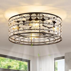 Black Modern Flower Crystal Fandelier with Light and Remote, Rustic Caged Ceiling Fan Flush Mount, Low Profile Ceiling Fans with Lights, 6-Speed Reversible for Bedroom, Girls Room, Living Dining Room
