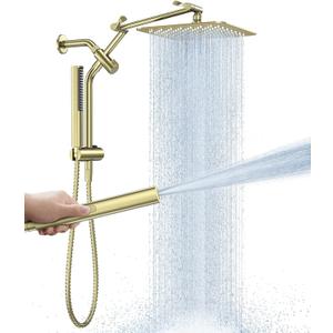 Veken All Metal 10" Brushed Gold Shower Head with Handheld, Luxurious Square Double Rain Shower Heads with Spray Combo, Dual High Pressure Detachable Rainfall Showerhead with Extension Arm, Long Hose