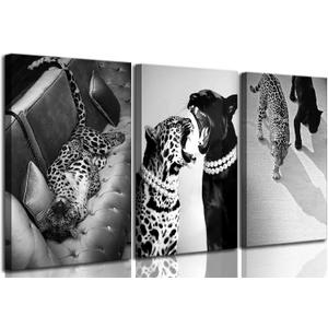 3 Pcs Black and White Cheetah Canvas Wall Art (24Lx16W-Canvas)