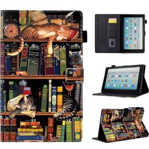 Case for Fire HD 8 Tablet (8th/7th/6th Generation, 2018/2017/2016 Release), Premium PU Leather Folio Stand Cover Protective Case with Auto Sleep Wake, Bookshelf Cat