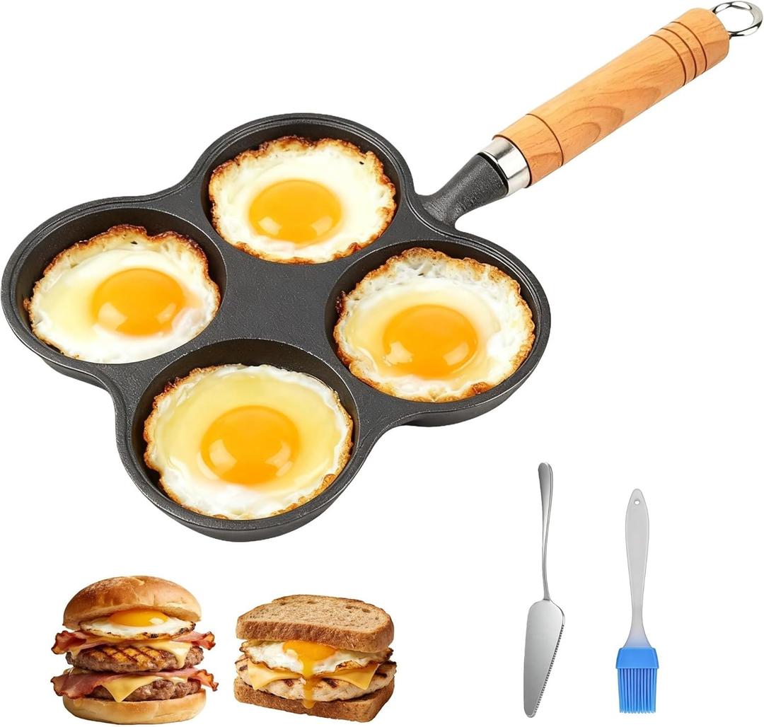Cast Iron 4-Cup Egg Pan, Small Omelette Pan with Turner & Oil Brush, Breakfast Pan for Eggs Pancakes Sandwiches Burgers, Suitable for Gas Stove & Induction, Naturally Nonstick with Seasoning, 6.6inch