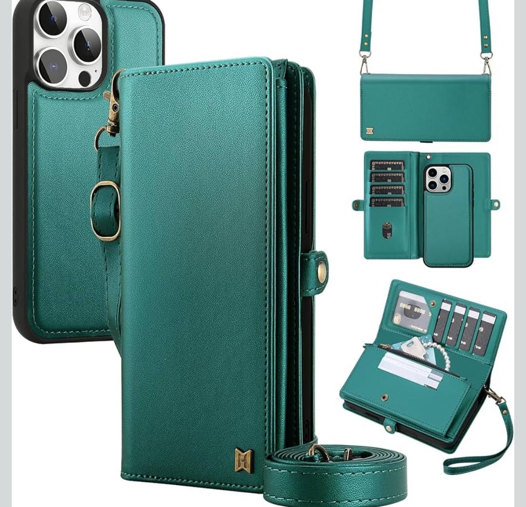for Wallet Case Compatible with iPhone 14 Pro Max,Multi-Function Detachable 2 in 1 Magnetic iPhone 14 Pro Max Case Wallet,Flip Strap Zipper Card Holder Phone Case with Shoulder Straps (Green)