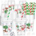 Domensi 50 Pcs Christmas Party Table Decoration July 12 oz Disposable Plastic Cups with Lids and Straws Christmas Cups Clear Summer Party Supplies Tableware for Tropical Cold Beverage Drinking Ice Tea