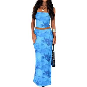 2 Piece Skirt Sets for Women Summer, Floral Sleeveless Tube Top Bodycon Maxi Skirts Y2k Vacation Going Out Outfits (Small, Blue Flower)