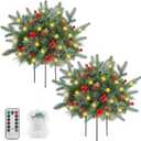 Lighted Artificial Christmas Urn Filler, 2 Pack Small Xmas Pine Tree Outdoor Decorations with Cones, Red Berries & 50 LED Lights, Light Up Planter Filler Decor for Porch Yard, Garden, Cemetery (Green)