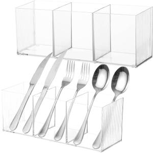2 Pack Cutlery Storage Organizer, Silverware Caddy with 3 Cavities Clear Silverware Holder Knife Fork and Spoon Organizer Tableware Box for Kitchen Countertop Dining Room Home Office Desk Party Table (2 Plastic (10x3.3x3.7in))