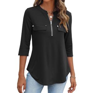 Halife Women's 3/4 Length Sleeve V Neck Flowy Tunic Blouses Work Tops Shirts with Zippers XXL