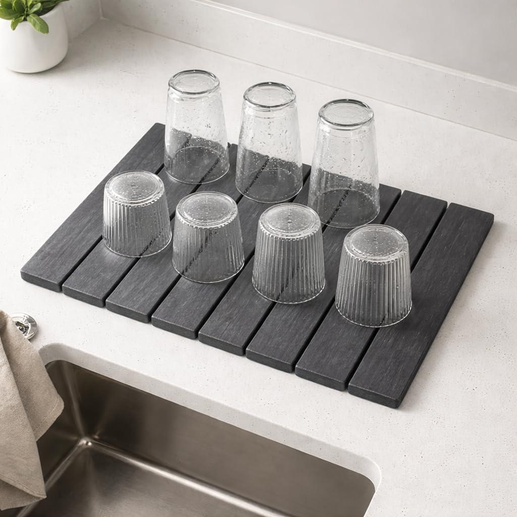 Super Absorbent Stone Dish Drying Mat 16" x 12" Compact Fast-Drying Diatomite Mat for Countertops, Cups & Small Dish Loads