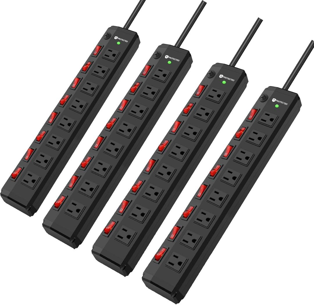 4PCS 8 Outlet Heavy Duty Power Strip with 8 Individual Switches,Moutable Metal Power Strip Surge Protector 1200 Joules,6FT 14AWG Extension Cord,15A 1800W 125V 60Hz