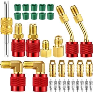 34 Pcs R410a Adapter Kit Mini Split Adapter 45° 90° Refrigerant Hose Connector,5/16'' Female 1/4'' Male, 1/2'' to 1/4'' Tank Connector with Valve Core Remover Thimble for Split System (Red)