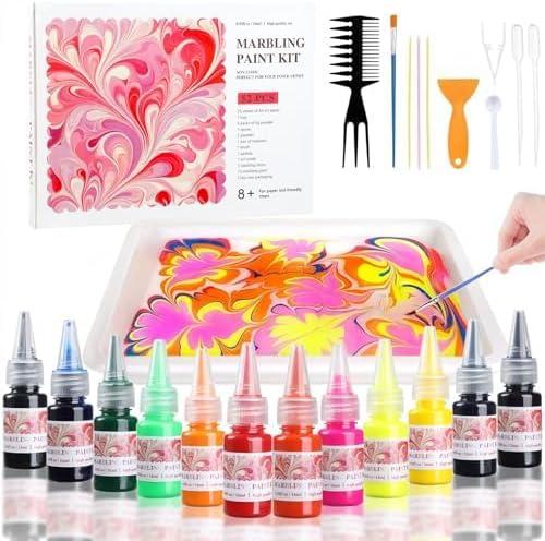 TMOL Marbling Paint Art Kit for Kids, Arts and Crafts Set for Girls & Boys Ages 8-12, Craft Kits with 16ml-12pcs & 25 Papers, Art Supplies, Birthday Gifts & Creative Toys for Kids Age 8 9 10 Year (red)