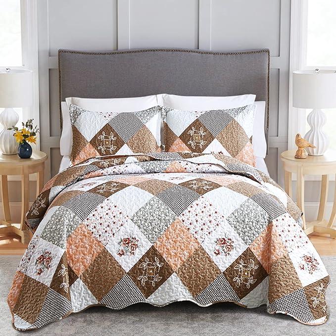 Dinjoy Floral Plaid Patchwork Quilt Set Queen Size, Reversible Brown Bedding Set Soft Microfiber Lightweight Bedspread Coverlet 3 Piece Spring Summer Fall Use (90x90 inches)