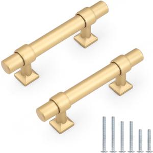 10Pack Hole Centers 2.5inch(64mm) Gold Champagne Cabinet Handles T Shaped Kitchen Cabinet Pulls Hardware Pull Handle for Cabinets Dressers 4inch Total Length
