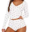 Ezbelle Lounge Set 2 Piece for Women Matching Loungewear Shorts Pajama Outfit Button Down Cropped Shirt V Neck Pjs Floral Sexy Set White Heart XS