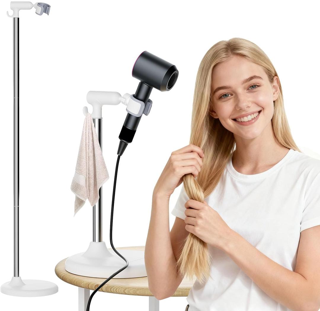 Hair Dryer Stand with 360 Rotating Head, Hands Free, Large Hook,Heavy Duty Base, Adjustable Height, TPU Padded Clip, Aluminum Alloy Holder for Home or Salon (White)